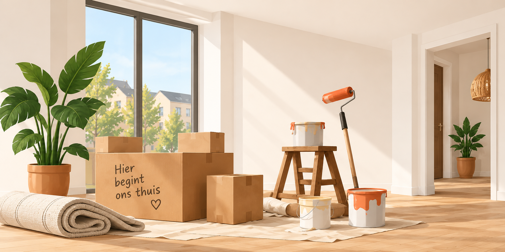 Nieuwbouwkamer met verhuisdozen — Hier begint ons thuis